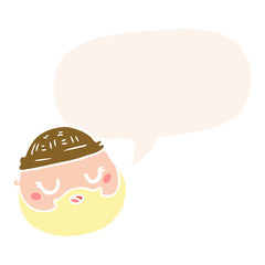 cartoon male face and beard and speech bubble in retro style