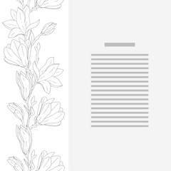 Seamless border and card template with hand drawn magnolia flower with branches and leaves vector illustration