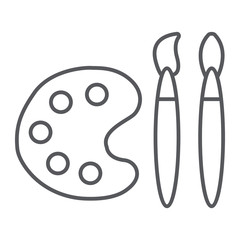 Paint brush with palette thin line icon, instrument and paint, painter tools sign, vector graphics, a linear pattern on a white background.