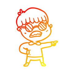 warm gradient line drawing cartoon pointing boy wearing spectacles