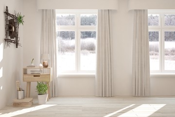 Mock up of empty room in white color with winter landscape in window. Scandinavian interior design. 3D illustration