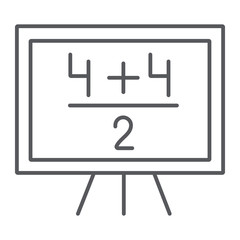 Maths example thin line icon, lesson and mathematical, blackboard with arithmetic sign, vector graphics, a linear pattern on a white background.