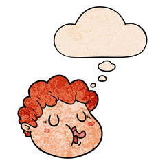 cartoon male face and thought bubble in grunge texture pattern style