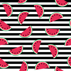 Watermelon cartoon seamless pattern. Baby and kids style abstract geometric background. Colorful vector illustration.  Funny watermelons. Cute kawaii smiling watermelons