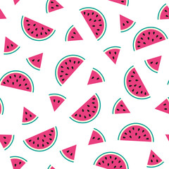 Watermelon cartoon seamless pattern. Baby and kids style abstract geometric background. Colorful vector illustration.  Funny watermelons. Cute kawaii smiling watermelons