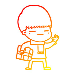 warm gradient line drawing cartoon smug boy carrying present