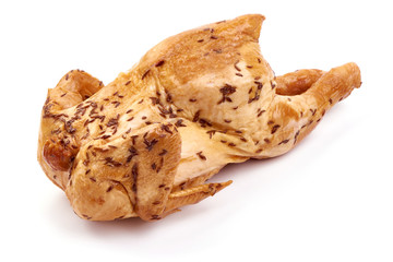 Smoked chicken with caraway seeds, close-up, isolated on white background