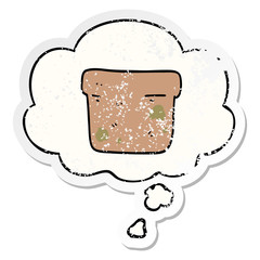 cartoon plant pot and thought bubble as a distressed worn sticker