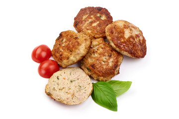 Grilled cutlets, fried meat balls, top view, isolated on white background