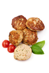 Grilled cutlets, fried meat balls, top view, isolated on white background