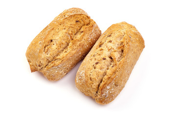 Freshly baked crispy bread rolls, close-up, isolated on white background