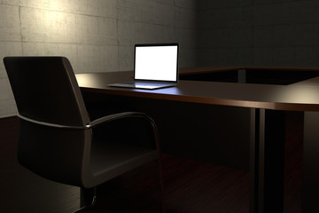 3D rendering of working late concept representation with an empty conference room and a laptop