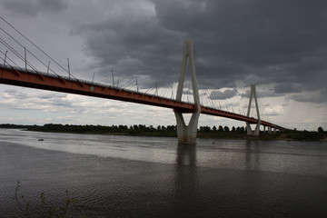A large cable-stayed bridge over the Oka river in Murom, Russia