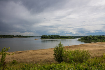 The river Oka to Murom, Russia overcast rainy summer day