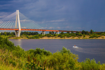 A large cable-stayed bridge over the Oka river in Murom, Russia