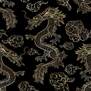 Oriental dragon flying in clouds seamless pattern. Traditional Chinese mythological animal hand drawn illustration. Golden festival serpent on red background. Wrapping paper, wallpaper, textile design