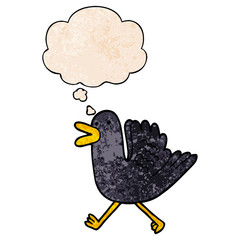 cartoon duck running and thought bubble in grunge texture pattern style