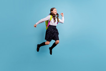 Obraz premium Full body photo of nice school lady rushing classroom see friends 1 september wear specs white shirt isolated blue background