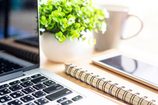 laptop with smartphone on notebook,a pencil and flower pot tree on wooden background,Top view office table.