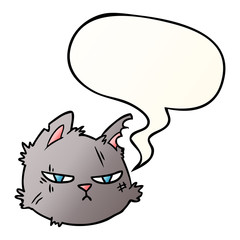 cartoon tough cat face and speech bubble in smooth gradient style