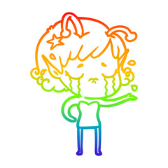 rainbow gradient line drawing cartoon crying alien girl