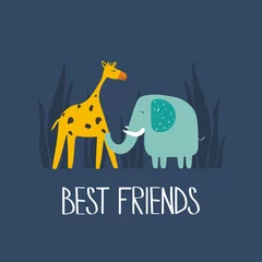 Fototapete Illustration with giraffe, elephant and english text, poster design. Colorful background vector. Best friends, funny concept. Cartoon wallpaper. Hand drawn backdrop © Talirina