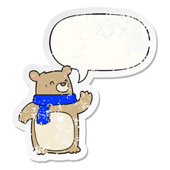 cartoon bear wearing scarf and speech bubble distressed sticker