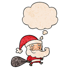 cartoon santa claus with sack and thought bubble in grunge texture pattern style