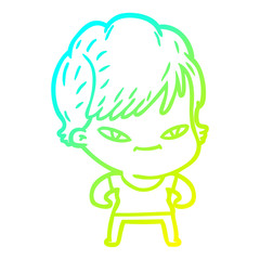 cold gradient line drawing cartoon happy woman