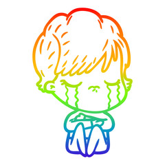 rainbow gradient line drawing cartoon woman crying