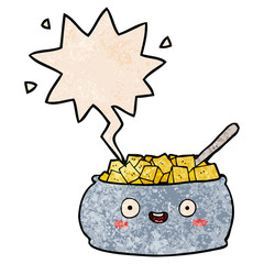 cute cartoon bowl of sugar and speech bubble in retro texture style
