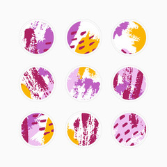 Vector set of abstract Highlight covers backgrounds. Design templates icons for social media stories. Round emblems of colorful bright Brush stroke . Use as a Different blogger and personal use