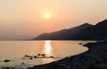 Panorama on the mediterranean coast of Liguria during the sunset