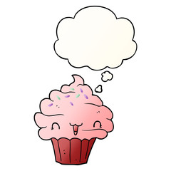 cute cartoon frosted cupcake and thought bubble in smooth gradient style