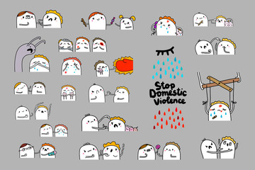 Big violence set hand drawn vector illustration in cartoon style. Domestic sexual abuse. People injured