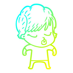 cold gradient line drawing cartoon woman with eyes shut