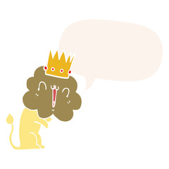 cartoon lion and crown and speech bubble in retro style
