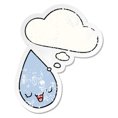 cartoon raindrop and thought bubble as a distressed worn sticker