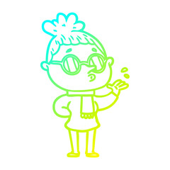 cold gradient line drawing cartoon woman wearing glasses