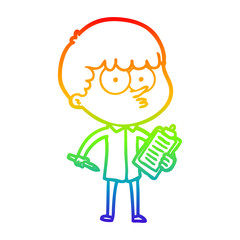 rainbow gradient line drawing cartoon curious boy taking notes