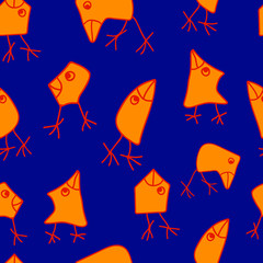 Funny yellow cartoon birds on bright blue background.