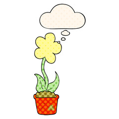 cute cartoon flower and thought bubble in comic book style