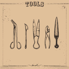 Hand drawn vector work tools set with vintage style.