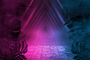 Background of empty dark scenes with neon lights and shapes, smoke. Silhouettes of tropical palm leaves in the foreground. Bright futuristic abstract background