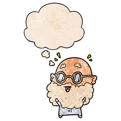 cartoon surprised old man and thought bubble in grunge texture pattern style
