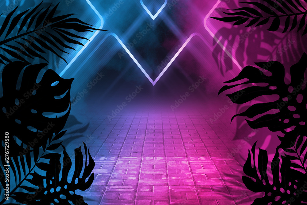 Aufkleber background of empty dark scenes with neon lights and shapes, smoke. silhouettes of tropical palm lea