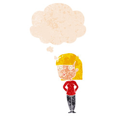 cartoon woman staring and thought bubble in retro textured style