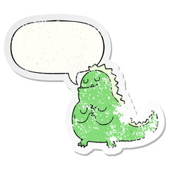cartoon dinosaur and speech bubble distressed sticker