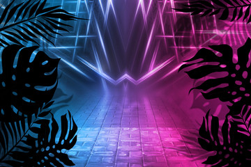 Background of empty dark scenes with neon lights and shapes, smoke. Silhouettes of tropical palm leaves in the foreground. Bright futuristic abstract background