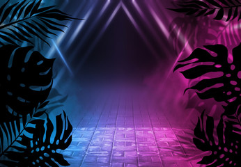 Background of empty dark scenes with neon lights and shapes, smoke. Silhouettes of tropical palm leaves in the foreground. Bright futuristic abstract background